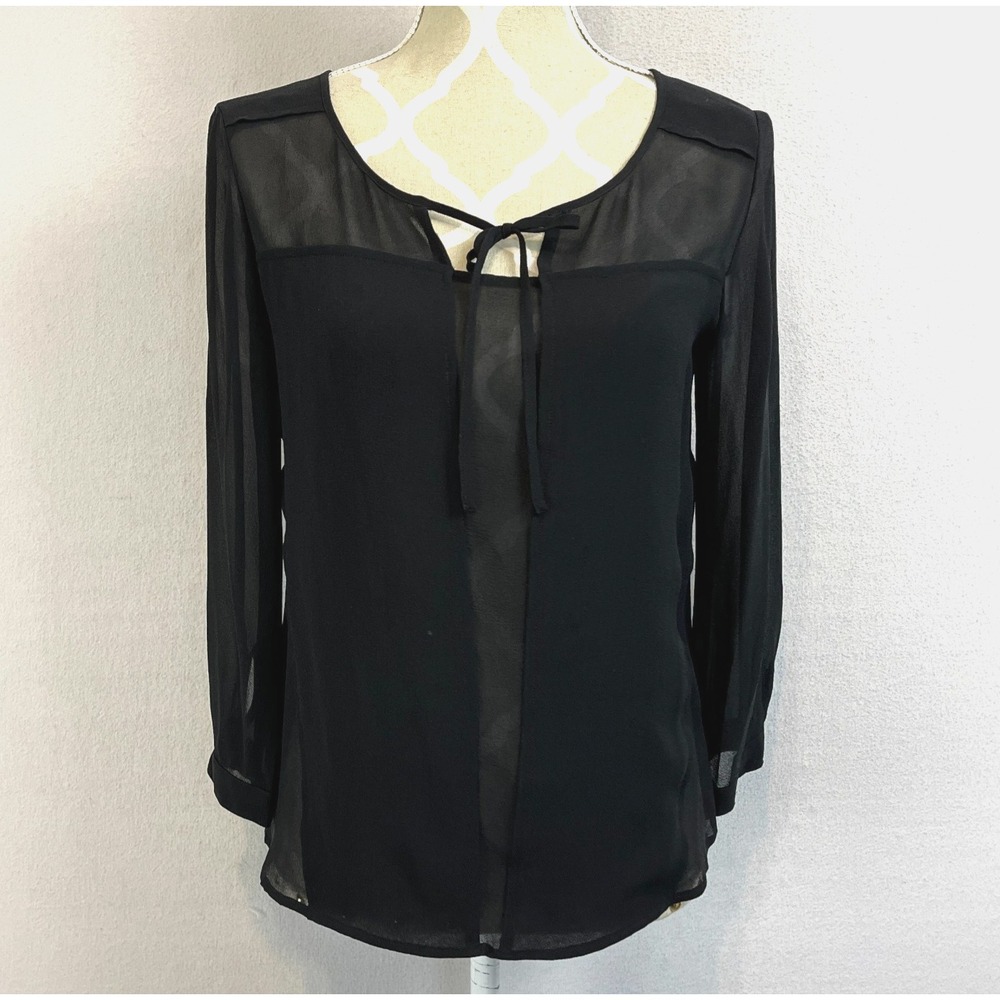 BABATON Womens Silk Chiffon Blouse Black Size XS Sheer Tie Front‎ Long Sleeve